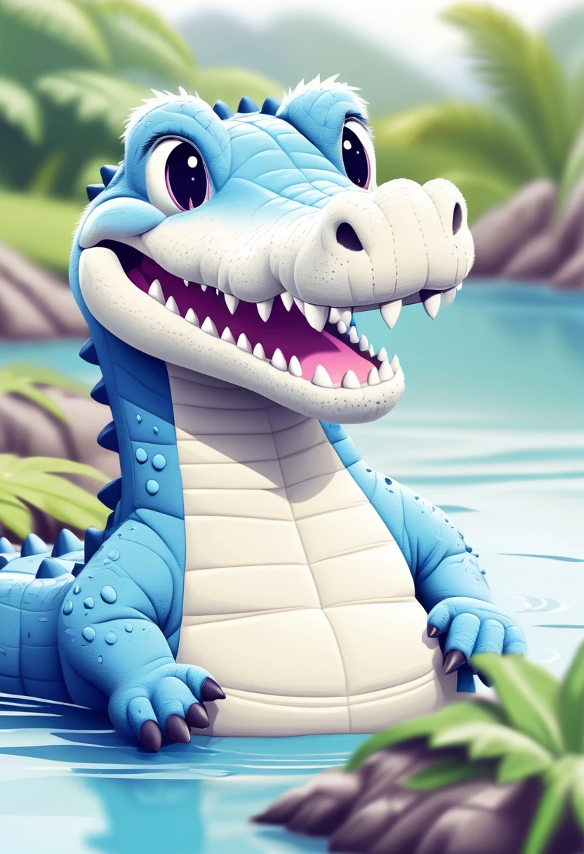 Low quality, line art, One crocodile, cute, (fluffy), (stuffed), blue, smiling, landscape, swim, White background,