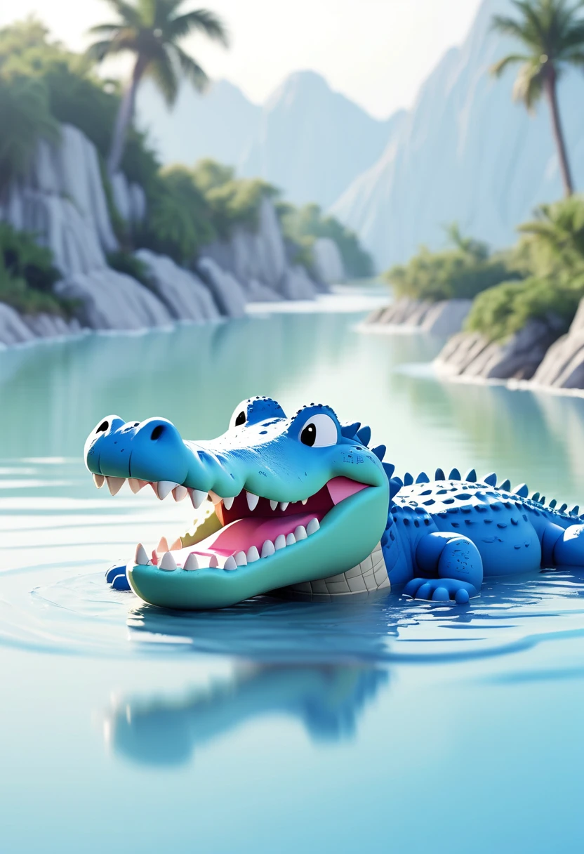 Low quality, line art, One crocodile, cute, (fluffy), (stuffed), blue, smiling, landscape, swim, White background,