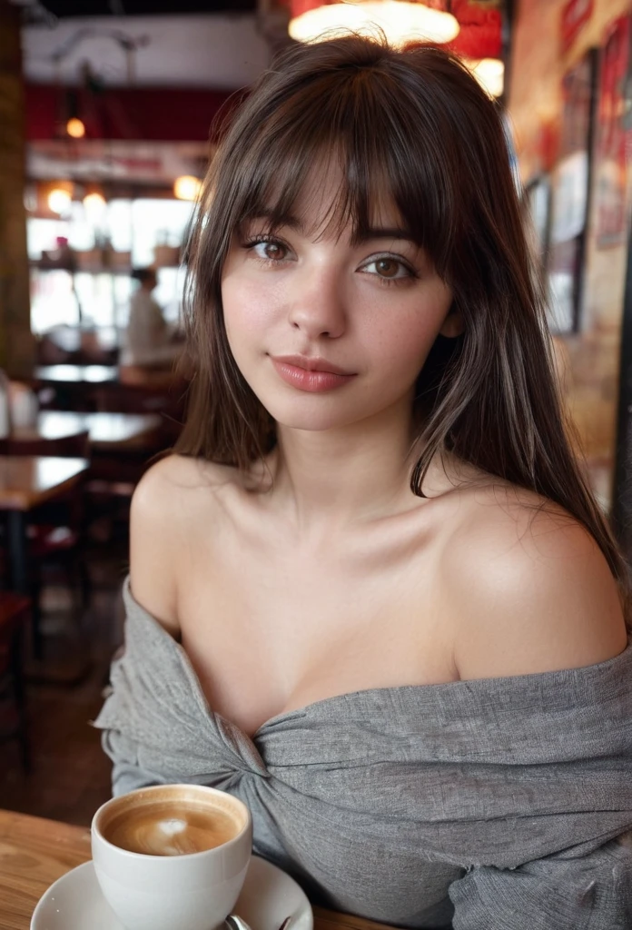 1Girl 22 years, Long hair, midsize , looking down at viewer, skin very textured, dark brown hair, bangs, bare shoulders, grey eyes, full entire breast, off shoulders, Loose Clothes, lips, photorealestic, nose, in a coffee house, flirting with the camera, complicated, Elaborate,