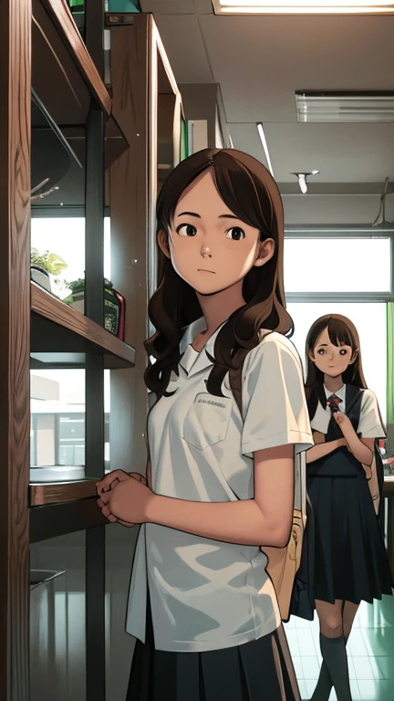 High quality, anime, full body, two girls ((Japanese, cute, narrow between the eyes, large eyes, small nose, brown hair, medium-long wavy hair, large breasts, slender, school uniform) and (Japanese) , cute, narrow eyes, hanging eyes, small nose, black hair, long straight hair, big breasts, slender, school uniform)), classroom, couple, standing next to each other with arms around waist, fun, takamichi style