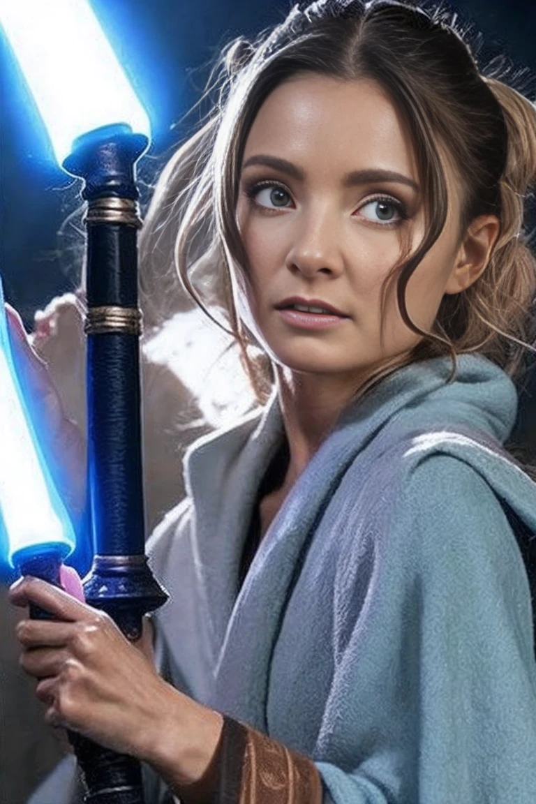 Star Wars, Jedi Master, woman, Beauty, Cute face, , Wearing a Jedi robe, Lightsaber in hand, The blade burns blue, Jedi Temple