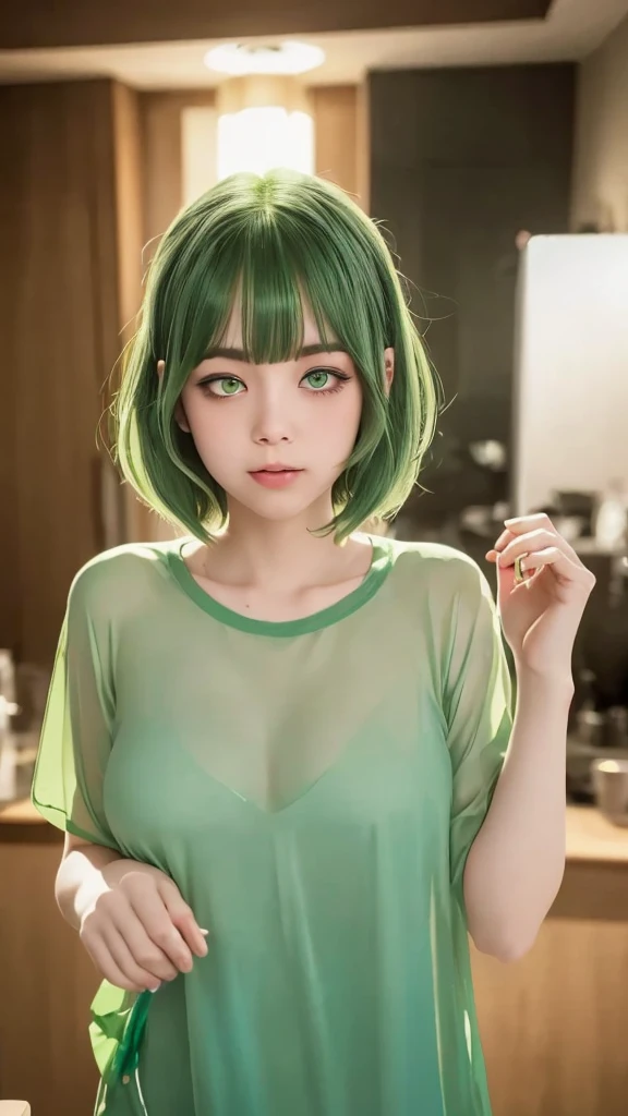 RAW PHOTO, ((high quality)),Tabletop,(Detailed depiction of the site:1.2), 1 girl, girl, one girl, soft smile, 26 years old, (sheer shirt),Enchanted Valley,Mouth closed,eyelash, look away, Portraiture, Upper Body, (green hair:1.4), (short hair:1.4), (short bangs:1.3), model posing, (green eyes;:1.3)