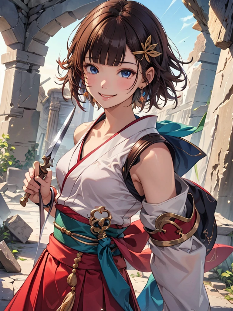 (((Smile)))、One Face、 (((A very cute face like a top Japanese idol)))、glowing eye、(((extreme close up)))、(((Holding a naginata)))、One  girl, (((Short Hair ))), Composition from the front、(((Brown Hair)))、(((looking at the camera)))、(((hair ornaments)))、(((blunt bangs)))、(((Red and silver armor)))、((Highest quality)), ((masterpiece)),(detailed),High resolution,Sharp focus,Perfect Face,{Best illustrations}, (非常にdetailed CG unity 8k wallpaper),(((Vibrant colors))),Official Art, shiny 肌,very shiny 肌,Shiny body,plastic glitter 肌,exaggerated shiny 肌,Glowing Skin, ((detailedなボディ)),((detailedな顔))、A long red skirt、(((ancient ruins)))