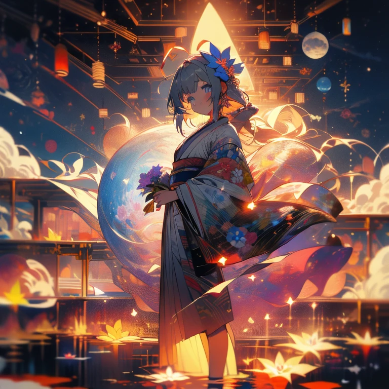 (masterpiece:1.2), Highest quality,Pixiv,  As the moon,
One girl, alone, kimono, Long Hair, kimono, hair ornaments, View your viewers, flower, Gray Hair, Holding, blue eyes, hair flower, Ahoge, bangs, Long sleeve, Wide sleeves, moon, blush, flower柄プリント, print kimono, Are standing, Mouth closed, Holding flower, night
