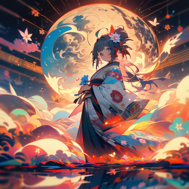 (masterpiece:1.2), Highest quality,Pixiv, As the moon,
One girl, alone, kimono, Long Hair, kimono, hair ornaments, View your viewers, flower, Gray Hair, Holding, blue eyes, hair flower, Ahoge, bangs, Long sleeve, Wide sleeves, moon, blush, flower柄プリント, print kimono, Are standing, Mouth closed, Holding flower, night