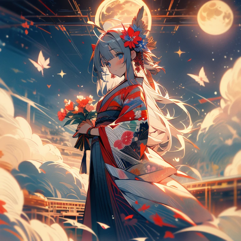 (masterpiece:1.2), Highest quality,Pixiv,  As the moon,
One girl, alone, kimono, Long Hair, kimono, hair ornaments, View your viewers, flower, Gray Hair, Holding, blue eyes, hair flower, Ahoge, bangs, Long sleeve, Wide sleeves, moon, blush, flower柄プリント, print kimono, Are standing, Mouth closed, Holding flower, night
