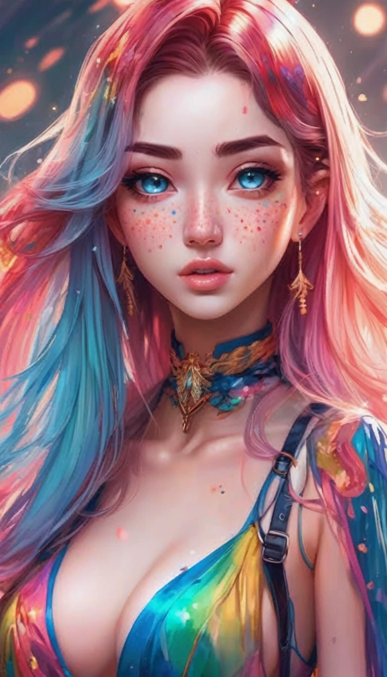 ((ultra detailed)),((Bright eyes)), (Detailed eyes) , 8k, blink blink, (The Little Faux Freckles Makeupgirl), ((realistic skin)), ((focus detailed 2 straps on the shoulders of dress)) , ((shiny facial skin)), with colorful hair and a colorful dress, rossdraws pastel vibrant, rossdraws cartoon vibrant, style anime 8k, beautiful portrait, artgerm colorful!!!, ! dream artgerm, beautiful anime girl, styled digital art, art wallpaper 8k, digital art, extremely detailed artgerm,((( big hips, breast)))