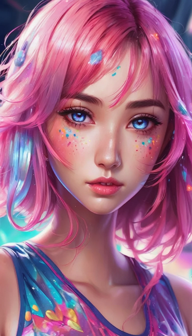 ((ultra detailed)),((Bright eyes)), (Detailed eyes) , 8k, blink blink, (The Little Faux Freckles Makeupgirl), ((realistic skin)), ((focus detailed 2 straps on the shoulders of dress)) , ((shiny facial skin)), with colorful hair and a colorful dress, rossdraws pastel vibrant, rossdraws cartoon vibrant, style anime 8k, beautiful portrait, artgerm colorful!!!, ! dream artgerm, beautiful anime girl, styled digital art, art wallpaper 8k, digital art, extremely detailed artgerm,((( big hips, breast)))