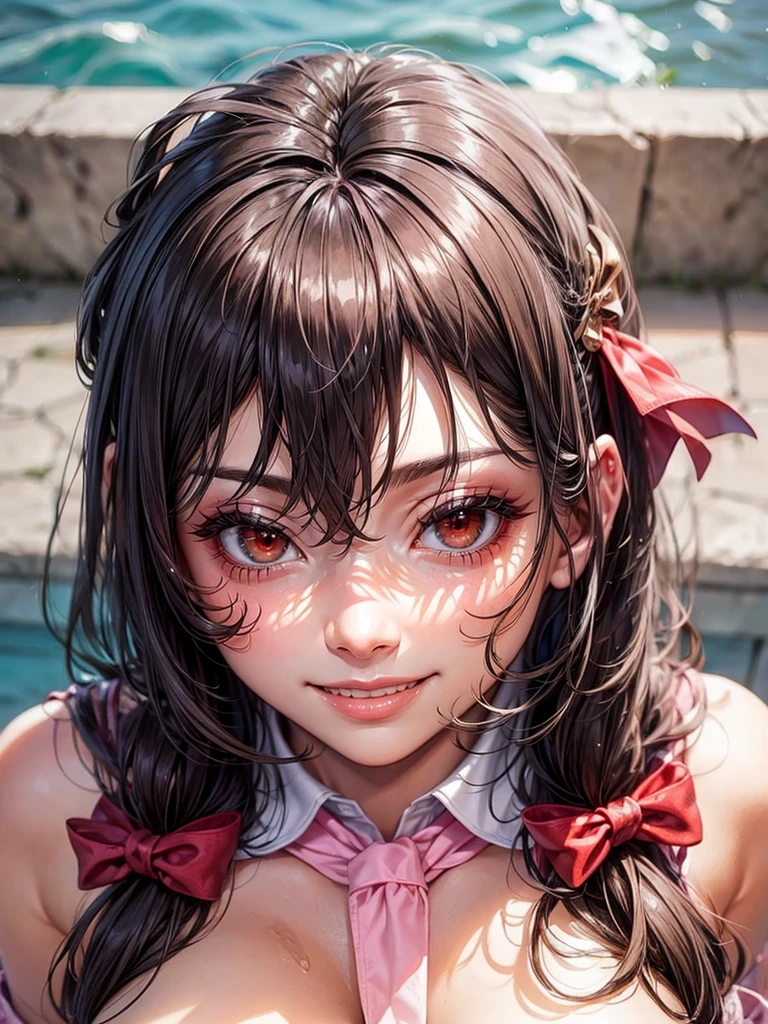 detailed face,red eyes,long eyelashes,realistic skin,naughty smile