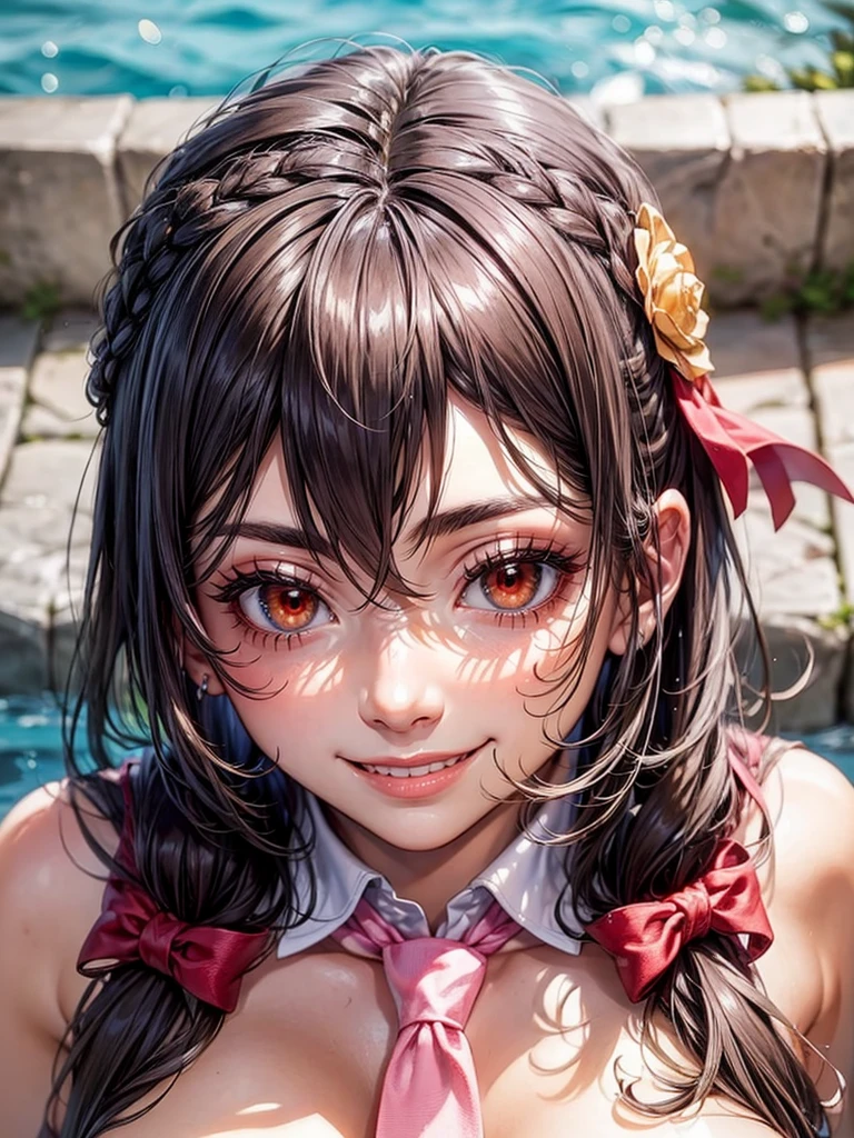 detailed face,red eyes,long eyelashes,realistic skin,naughty smile