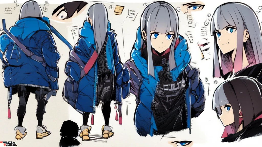 A cute anime girl with beautiful detailed grey hair and blue eyes, wearing a cool modern outfit, long hair, straigh hair, highly detailed, realistic, photorealistic, 8k, HDR, dynamic lighting, cinematic