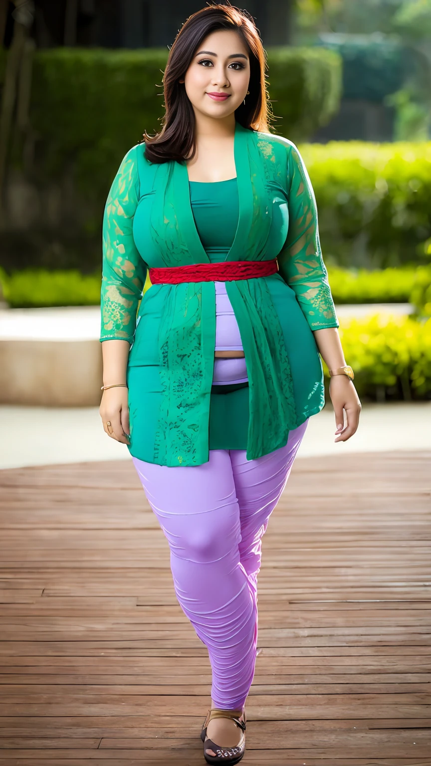 1 malay-Indonesian girl, modern plain hot deep neck top and dupatta, shy, medium portrait, watery eyes, wearing blue dark green kebaya, ((big breasts)), black bokeh background, well-proportioned body,, chubby massive thighs, full body pose, Hena art on the body, hena art on arms, full body view , wearing red sneakers ,