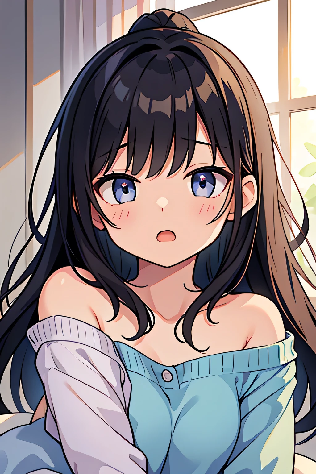 20-year-old women、cute、cute hairstyle、Waking up、Black Hair、cute pajamas、Yawn、Mouth wide open、Looks sleepy、one's home