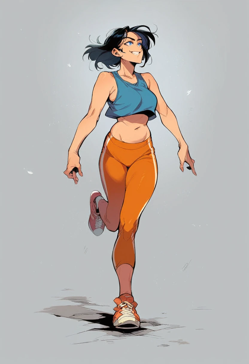 Score_9, Score_8_up, Score_7_up, 1 girl, black hair, blue eyes, curvy figure, smile, blue tank top, orange yoga pants, belly button, big bust, sneakers, standing, simple background, White background,