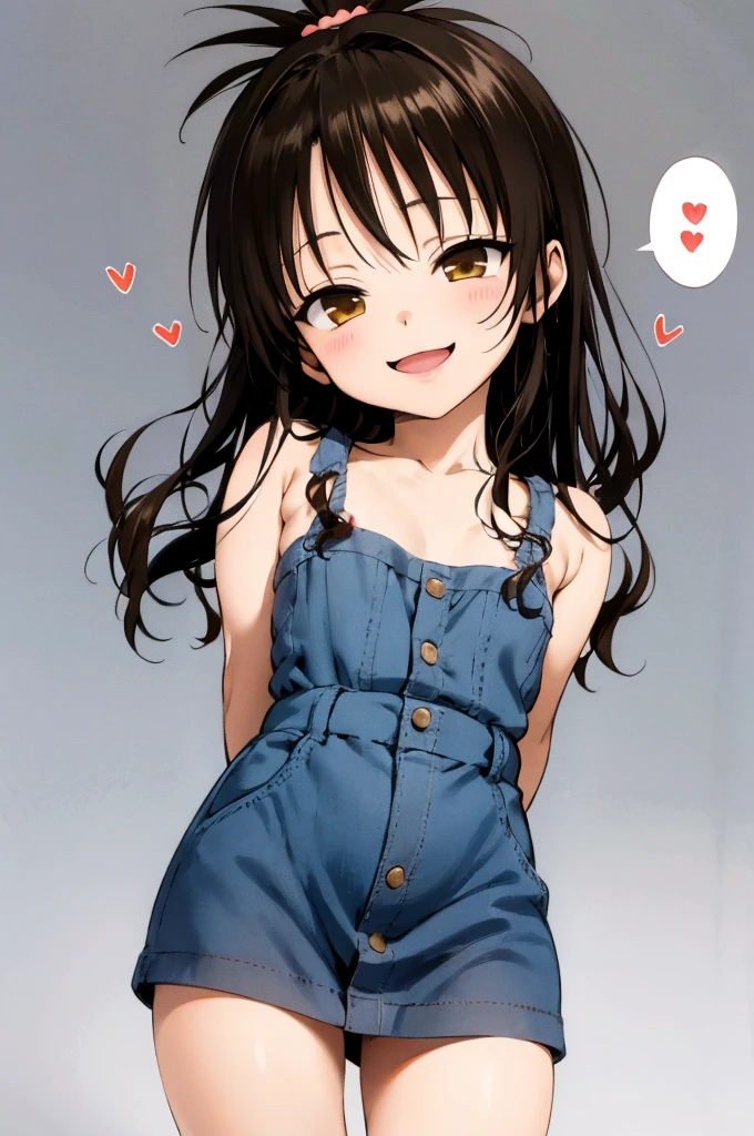 1girl,solo,yuuki mikan,, ,brown hair,, ,1girl,,,small breasts,,open mouth,,cowboy shot,smile,(spoken heart),simple background,grey background,looking viewer,,cowboy shot,,(lovey,cute),standing,,arms behind back,closed mouth,