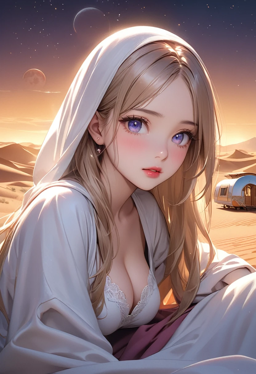 fantasic illustration, masterpiece: 1.2, highest quality, highres, 16k, beautiful detailed, ultra-realistic, photo realistic: 1.37, beautiful cute princess in a caravan in the moonlit desert, growing eyes, shining pupils, blushed cheek, shiny rosy lips, wearing white robe, delicate beautiful (hair, face, eyes, pupils, long eyelash, desert), middle-breasts, arabian nights world view,