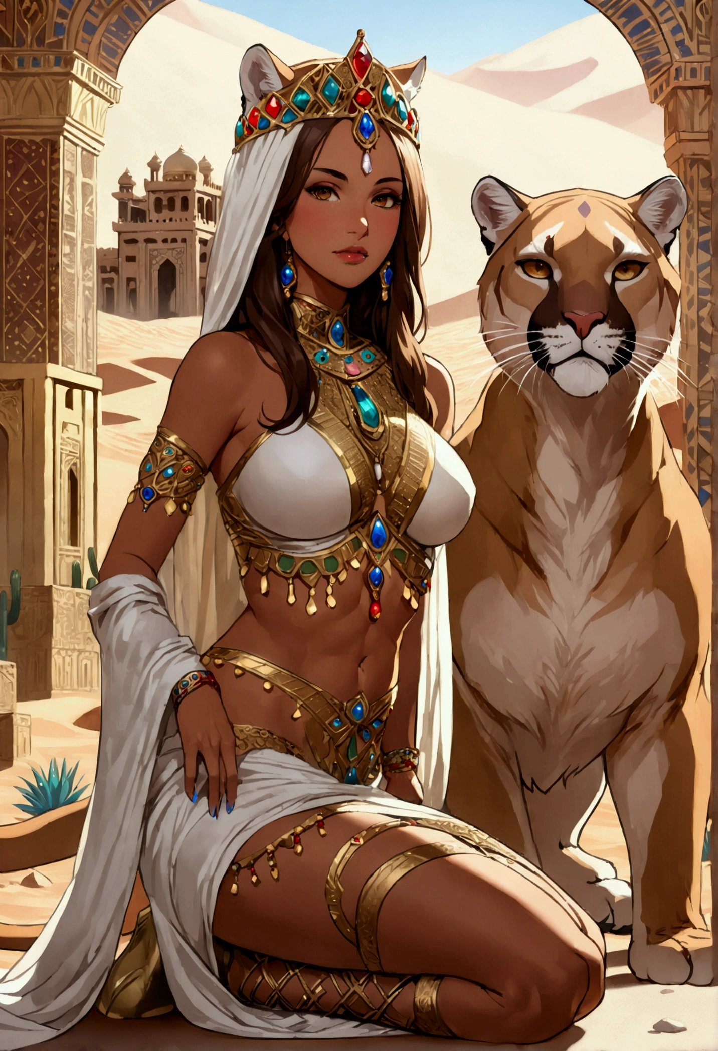 Arafed picture of a desert princess BREAK and her pet cougar in her palace high details, best quality, 16k, f a female human princess and her pet cougar, princess of the desert, full body, ((anatomically correct: 1.5)) ((standing: 1.5)) proudly royalty demeanor, a woman, (best detailed face: 1.5), Ultra Detailed face, wearing royal desert dress, decorated with gems, wearing princess tiara, small cleavage, thigh high intricate leather high heeled boot, thick hair, long hair, brown hair, tan skin intense brown eyes, her epic desert (cougar : 1.3) lying at her feet, guarding her, an epic fantasy desert palace in an oasis in the background (intricate details, Masterpiece, best quality: 1.5) night, moon light, stars ,Wide-Angle, award winning, best quality, high quality, high details, highres, vibrant, Ultra-high resolution, High Contrast, (masterpiece:1.5), highest quality, Best aesthetics, best details, best quality, highres, ultra wide angle, 16k, [ultra detailed], masterpiece, best quality, chumbasket art style, Cinematic Hollywood Film,