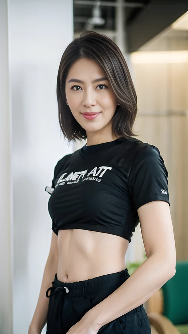 ((highest quality)), ((8k)), ((masterpiece: 1.3)), (Perfect appearance), (Photorealism: 1.6), (Walking woman), (One-way crosswalk), (office Street), Japanese Mature, 58 years old, ((Realistic skin texture)), (Fine lines all over the skin: 1.3), (Dull skin: 1.1), (Moisturized Skin: 1.2) , (Facial wrinkles: 0.9), (Wrinkles around the eyes: 1.2), double eyelid, Lower eyelid tear trough, (Crying Mole: 0.9), Eyes on you, Serious look, (Dimples: 1.2), Short bangs, Messy Hair, Hair with curled tips, Laugh with the corners of your mouth turned up, BREAK(Black short-sleeved T-shirt: 1.4),BREAK (Plain T-shirt: 1.4), (Body-fitting T-shirt: 1.6), (Black Army Pants: 1.4), Sneakers, (whole body: 1.4),