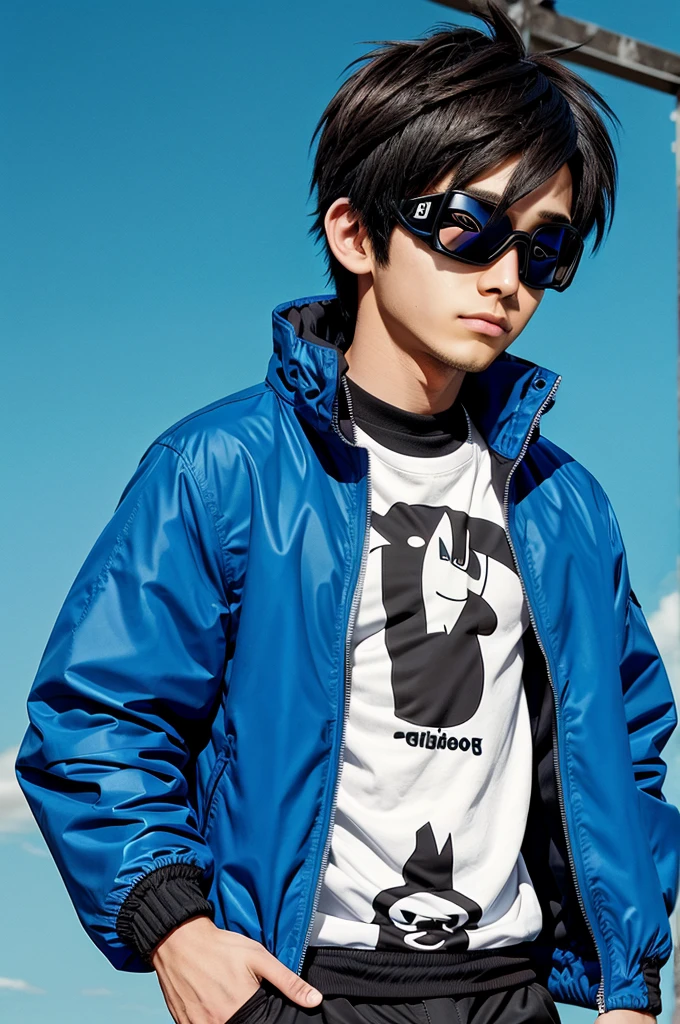 A cartoon anime boy character wear a jacket and goggles