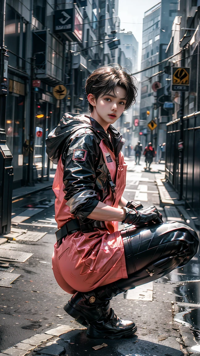 (1boy:1.3), male, Solo, (((Very detailed face)))), ((Very detailed eyes and face)))), Beautiful detail eyes, Body parts__, Official art, Unified 8k wallpaper, Super detailed, (Get on his hands and knees and show off his ass) masterpiece, best quality, original, masterpiece, super fine photo, best quality, super high resolution, realistic realism, sunlight, full body portrait, amazing beauty, dynamic pose, close hand, delicate face, vibrant eyes, (from the front), He wears latex, pink and black color scheme, detailed face, detailed complex busy background, messy, gorgeous, milky white, highly detailed skin, realistic skin details, visible pores, clear focus, volumetric fog, 8k uhd, DSLR, high quality, film grain, fair skin, photo realism, lomography, futuristic dystopian megalopolis, translucent