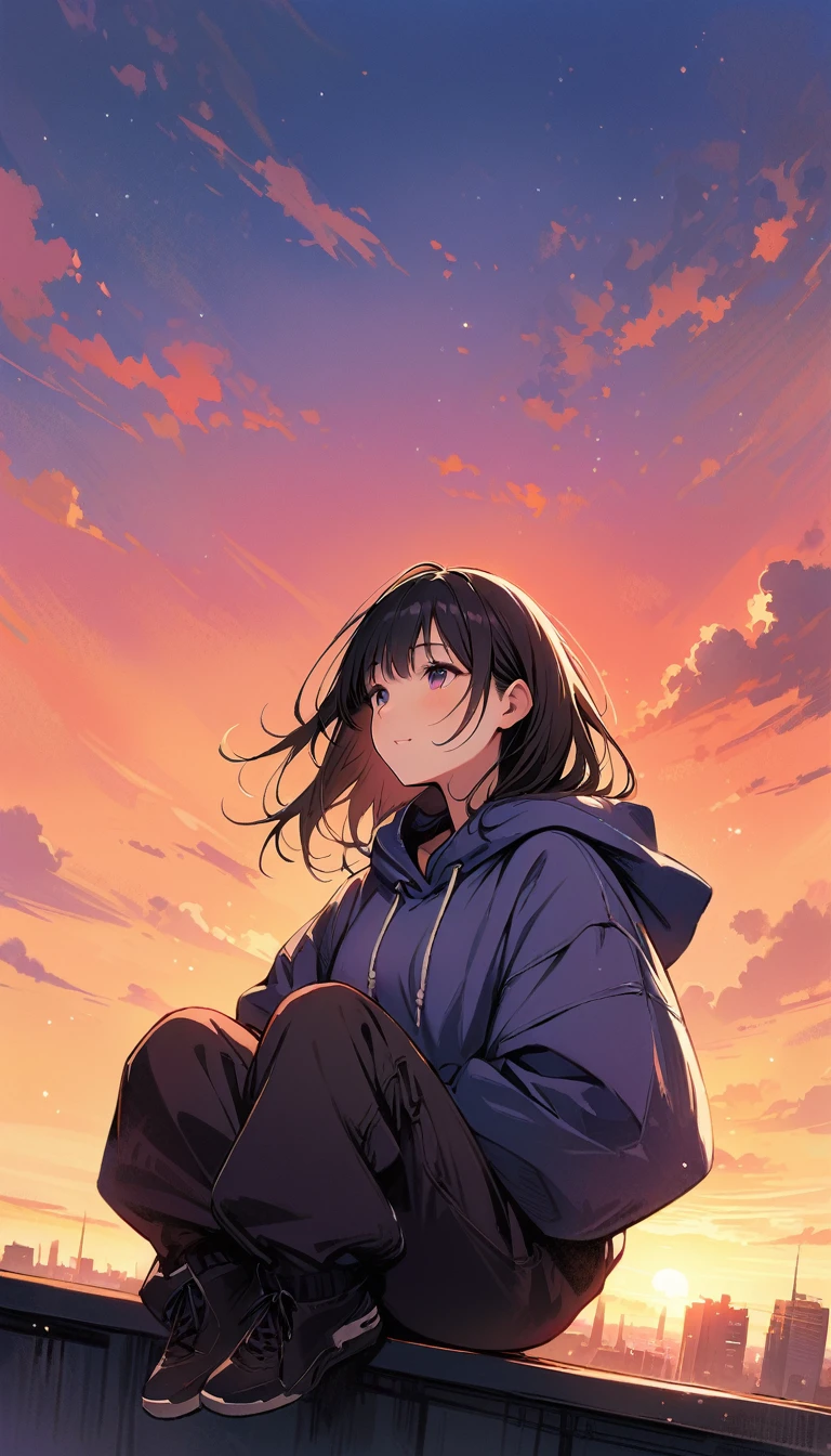 (masterpiece, best quality:1.2), 1 very beautiful girl, alone, baggy jumper, short, Happy expression while sitting on a railing on the roof of a very tall building and looking up at the camera, Beautiful background with sunset, Nizi 5,