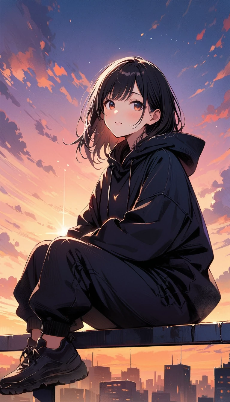 (masterpiece, best quality:1.2), 1 very beautiful girl, alone, baggy jumper, short, Happy expression while sitting on a railing on the roof of a very tall building and looking up at the camera, Beautiful background with sunset, Nizi 5,