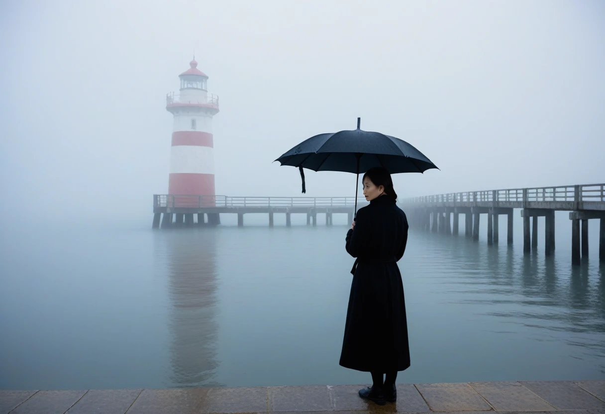 Beautiful 36 year old Korean woman, 짧은 middle 머리, Black coat, black umbrella, 멀리 Fog속 등대 불빛, cool,rain,blur,Fog,middle,cool,boring,,pier,only,lighthouse in the distance,Coast, The dim light shines in the Fog,and the figure stands in the Fog holding . Full body shot with Canon Camera 16-35 wide angle lens