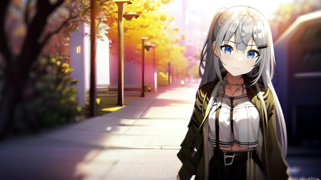 A cute anime girl with beautiful detailed grey hair and blue eyes, wearing a cool modern outfit, long hair, straigh hair, highly detailed, realistic, photorealistic, 8k, HDR, dynamic lighting, cinematic, concept art style