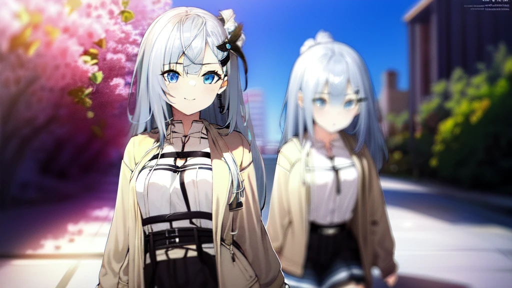 A cute anime girl with beautiful detailed grey hair and blue eyes, wearing a cool modern outfit, long hair, straigh hair, highly detailed, realistic, photorealistic, 8k, HDR, dynamic lighting, cinematic, concept art style