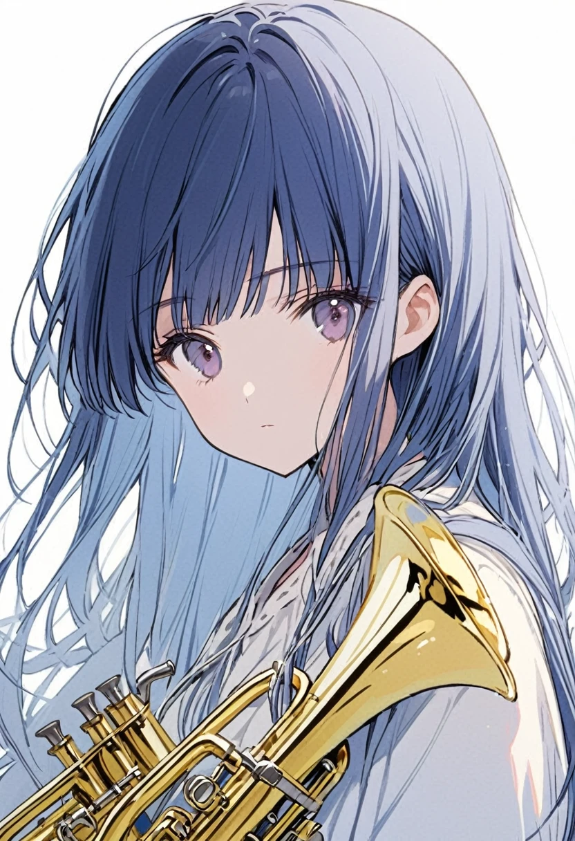 Blue Hair、Long Hair、Straight Hair、Neat bangs、(/Yorozuka Mizore\)、Sound Euphonium、girl、Expressionless、White background