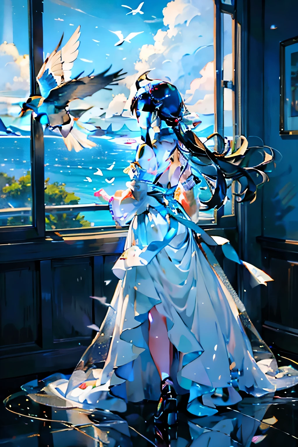 A girl in a white dress is lying on the window looking at the Flying Swallow on the Sea Outside the window,Lie on the window,Sea,Outside the window,Flying swallow,Little swallow, Open skirt, light half Open skirt, Wearing a dress, Back slit, Rear view, Long skirt, White Long Skirt, in a White Long Skirt, floating dress, wearing a white floating dress, Rear view, Backless dress, Back posture, private moment, Rear view photos