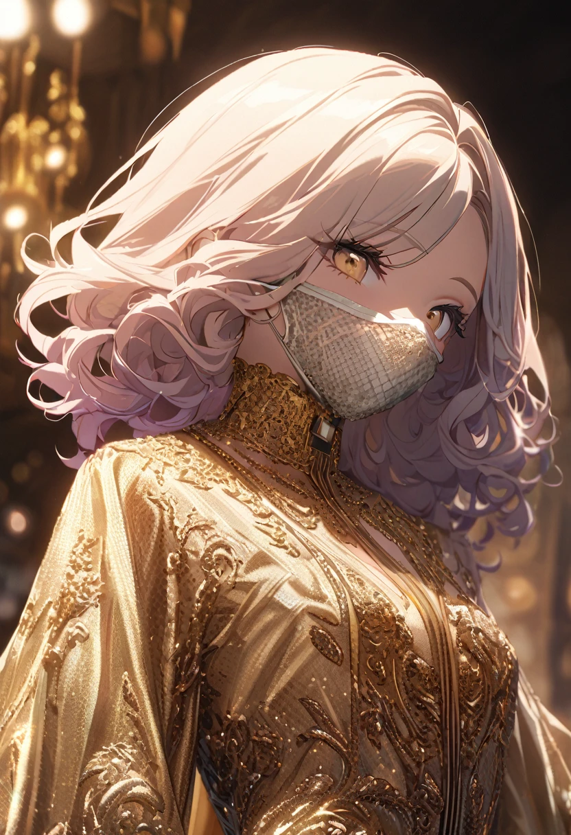 supermodel with detailed long curly frizzy flowy hair, wearing golden (translucent and intricately embroidered) (metallic surgical mesh mask) covering face, ((obscured mouth)), wearing weird future fashion, luxurious and intricate golden accents, cinematography, intricately detailed, crafted, meticulous, magnificent, maximum details, extremely hyper aesthetic, bokeh, professional photoshoot