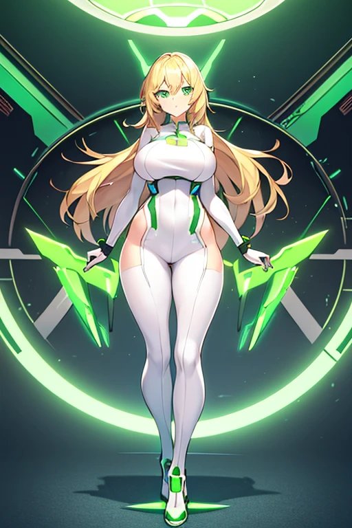 1girl, green eyes, blonde hair, long hair, large breasts, hourglass figure, bodysuit, white bodysuit, neon, neon trim, machinery, tech, science-fiction, futuristic, serious, standing, full body, ((full body)),