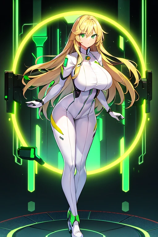 1girl, green eyes, blonde hair, long hair, large breasts, hourglass figure, bodysuit, white bodysuit, neon, neon trim, machinery, tech, science-fiction, futuristic, serious, standing, full body, ((full body)),