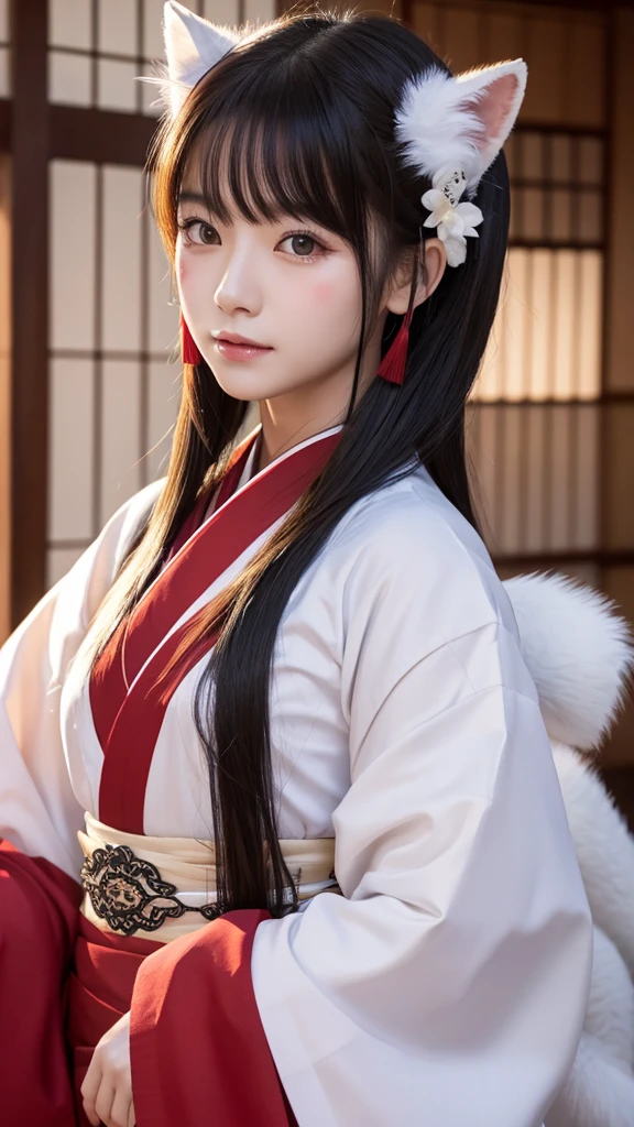 White Demon Fox、Nine-tailed Fox、Japanese women、kimono、Fair skin、Red lines on face、8K、I have long hair