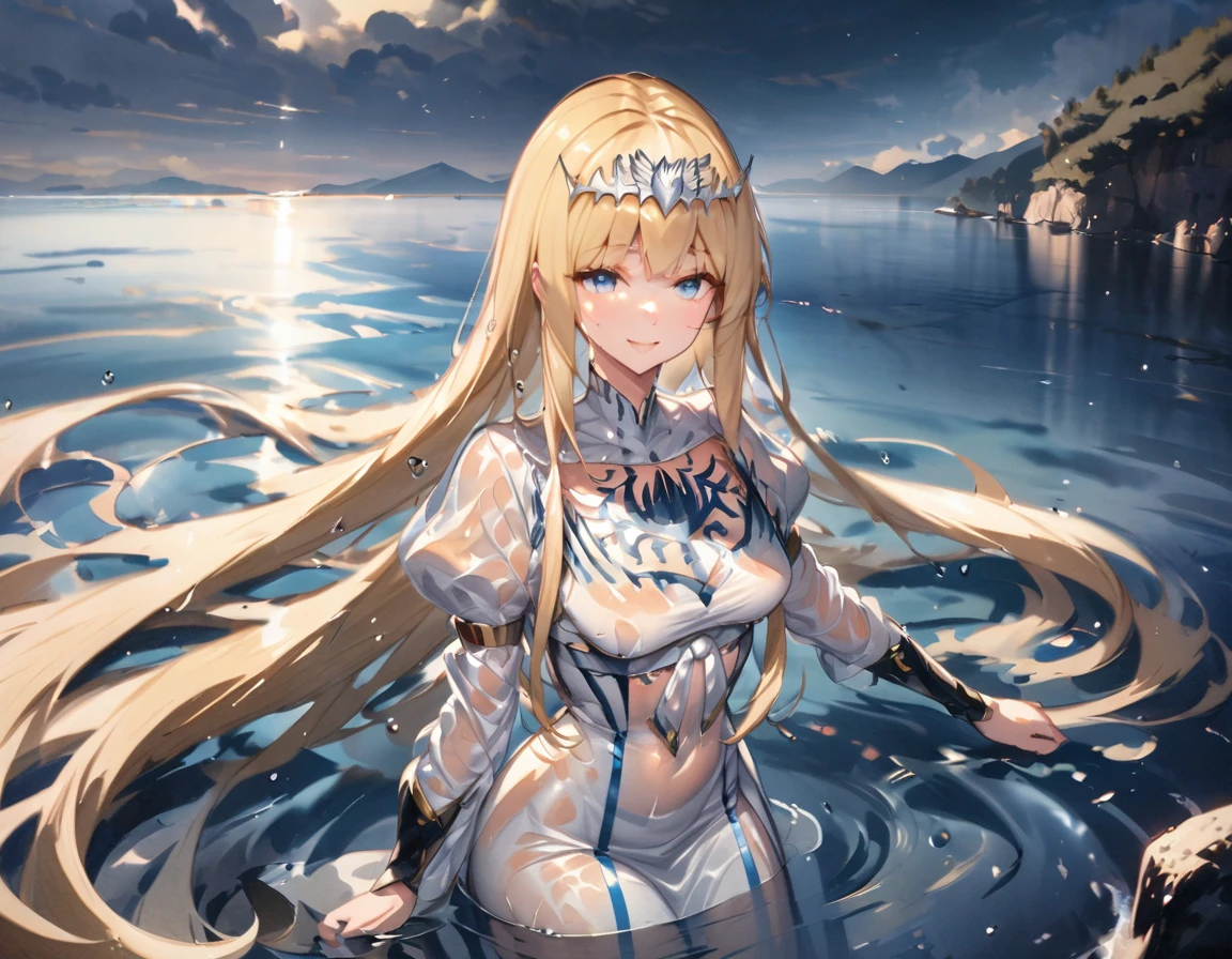 Top quality, masterpiece, watercolor painting, glowing water drops, double exposure, swimming in the sea, splashes, best smile, light reflections on the water surface, 1girl,solo, calca, blonde hair, ,( extremely long hair), very long hair, extra long hair, white tiara, white dress, blue eyes,Calca Bessarez, medium breast,Calca, wet, see-through outfit