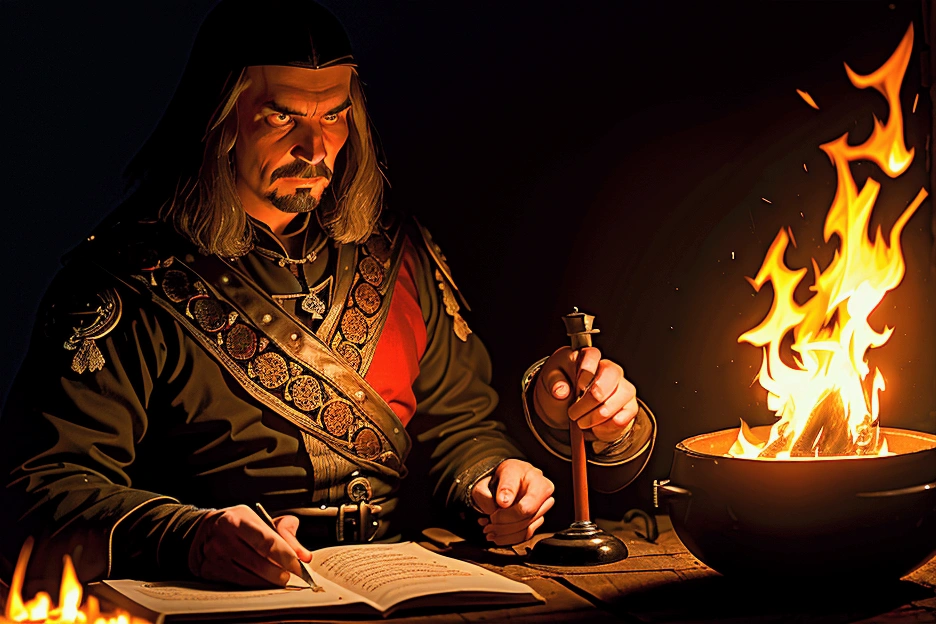 medieval cuty burning. Vlad the impaler watching