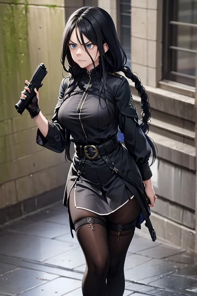 ((masterpiece)), (bestquality), ((ultra-detailed)), depth of field, (dynamic angle), (beautiful detailed blue eyes), 1woman, ((full body portrait)),((voluminous long black hair styled into one single long braid down to her waist)), standing in ruins, ((wearing a black military uhlan tunic)), perfect Body, medium bust, Apocalypse, ((holding a pistol in each hand, akimbo, looking angry)),