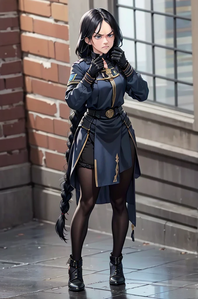 ((masterpiece)), (bestquality), ((ultra-detailed)), depth of field, (dynamic angle), (beautiful detailed blue eyes), 1woman, ((full body portrait)),((voluminous long black hair styled into one single long braid down to her waist)), standing in ruins, ((wearing a black military uhlan tunic)), perfect Body, medium bust, Apocalypse, ((holding a pistol in each hand, akimbo, looking angry)),