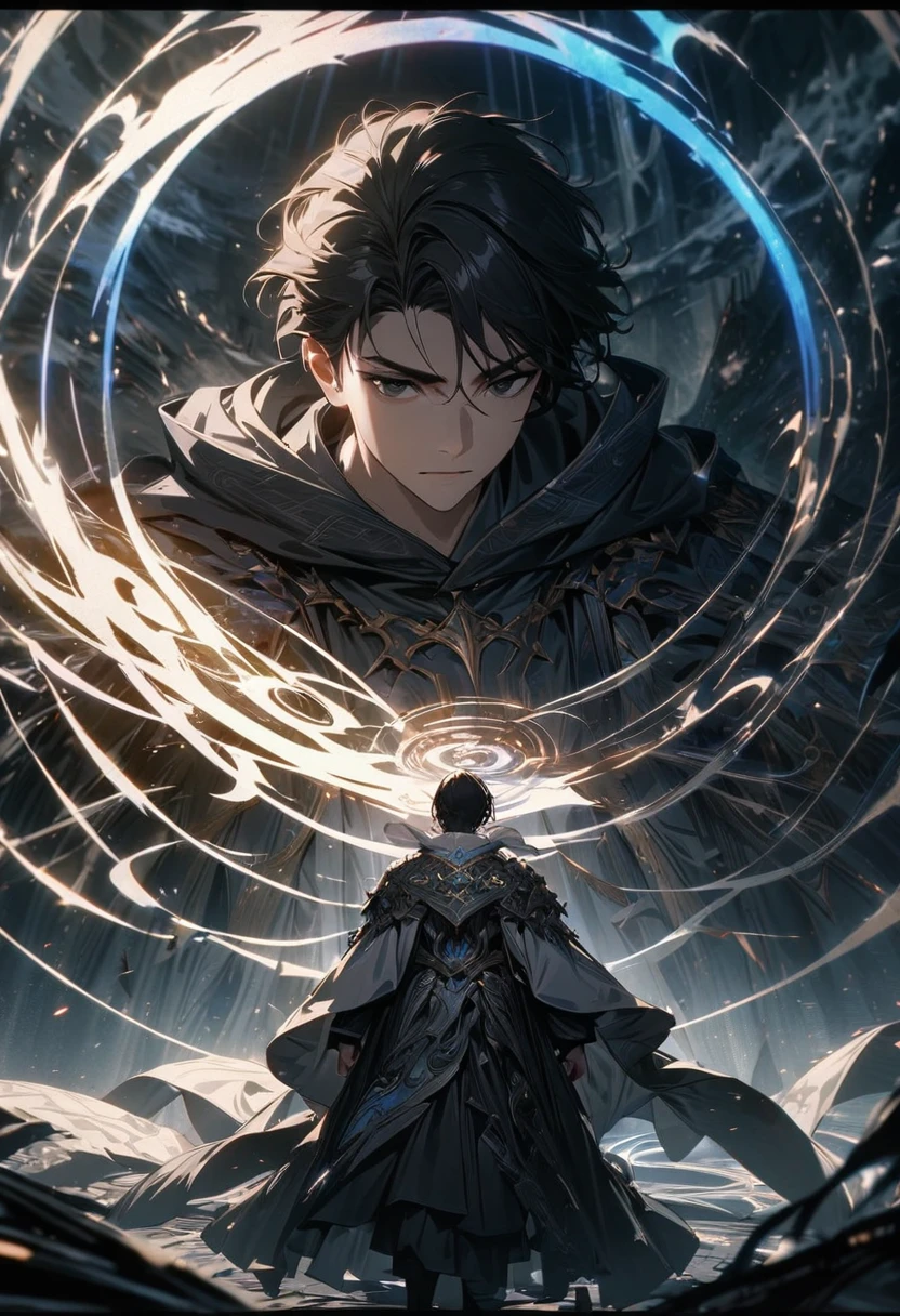a handsome man with short black hair and black eyes, detailed facial features, wearing intricate robes, standing in a magical circle with swirling blue and white auras, (best quality,4k,8k,highres,masterpiece:1.2),ultra-detailed,complex fantasy scene,dark moody lighting,dramatic shadows,cinematic composition,mystical,powerful presence