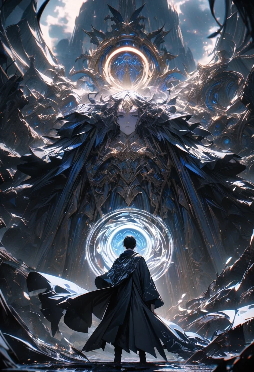 a handsome man with short black hair and black eyes, detailed facial features, wearing intricate robes, standing in a magical circle with swirling blue and white auras, (best quality,4k,8k,highres,masterpiece:1.2),ultra-detailed,complex fantasy scene,dark moody lighting,dramatic shadows,cinematic composition,mystical,powerful presence