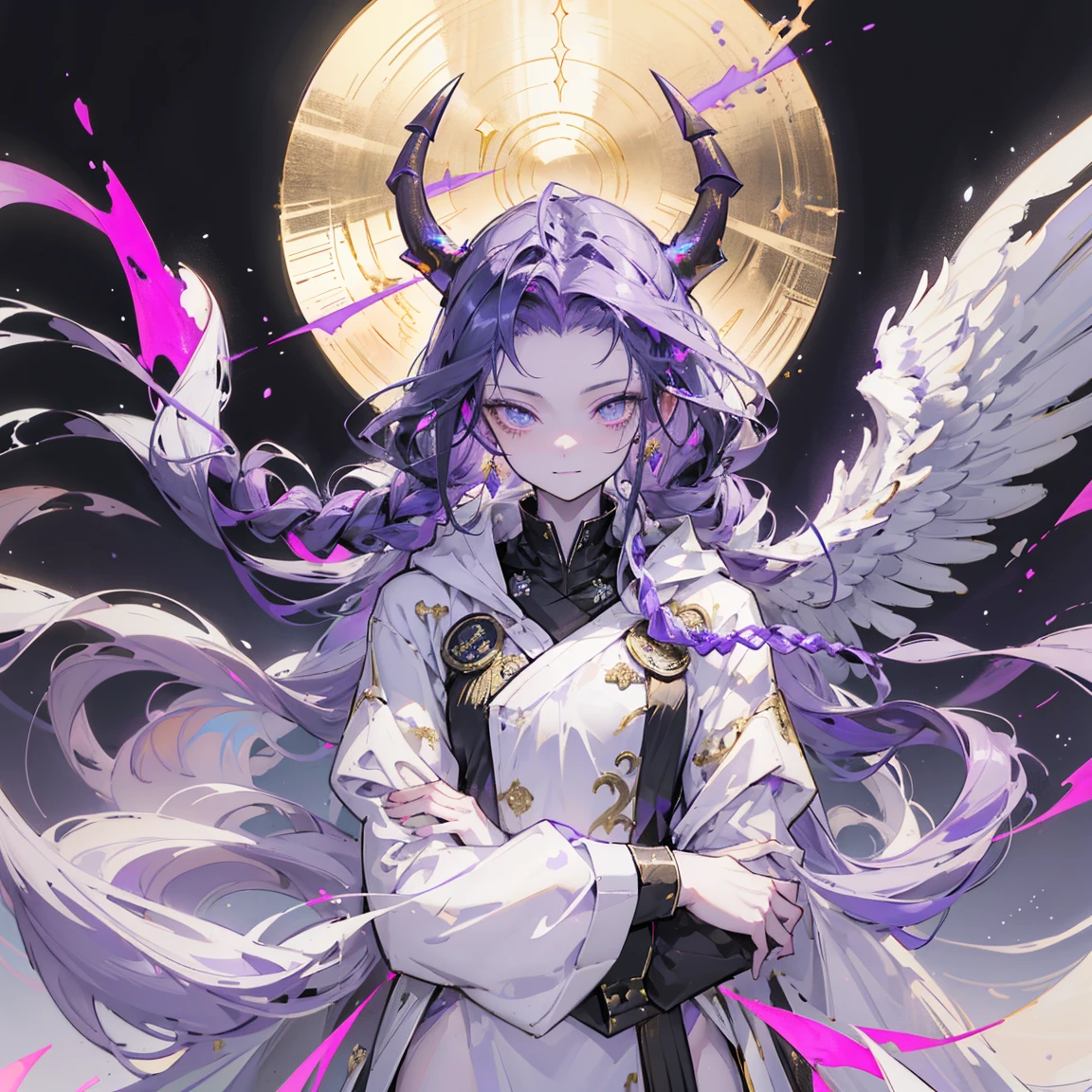 cheerful boy aristocrat open forehead. dark purple hair braided in a ponytail on the left side to one side. sinuous black horns wrapped in dark purple ribbon. pale violet eyes. in short dark purple shorts. long white T-shirt. dark purple knee-high socks. a white long robe with a hood flutters in the wind. black ancient stone walls of the castle purple light from lamps with gold ornaments, heterochromia, long curly hair, pale skin, I look at the viewer, closed mouth, bright smile, Beautiful, extremely detailed eye, Absolutely amazing art, extremely detailed, Digital art of the highest quality, full length, old piano, ancient walls of a stone castle