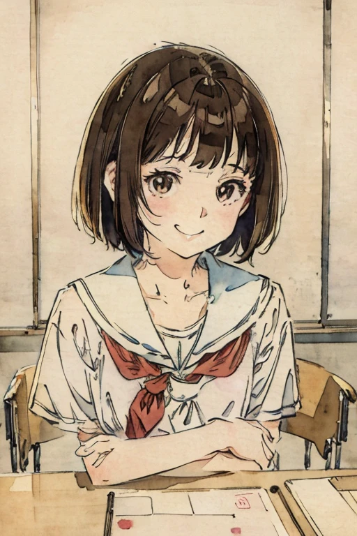 School classroom、Watercolor style、pale colour、Hand-drawn style, 15-year-old student、high school girl、High 、Laughter、frontage、Upper body、Brown Hair、short hair、Upper body