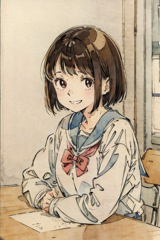 School classroom、Watercolor style、pale colour、Hand-drawn style, 15-year-old student、high school girl、High 、Laughter、frontage、Upper body、Brown Hair、short hair、Upper body