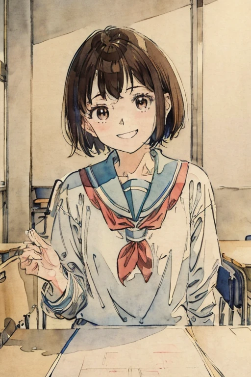 School classroom、Watercolor style、pale colour、Hand-drawn style, 15-year-old student、high school girl、High 、Laughter、frontage、Upper body、Brown Hair、short hair、Upper body