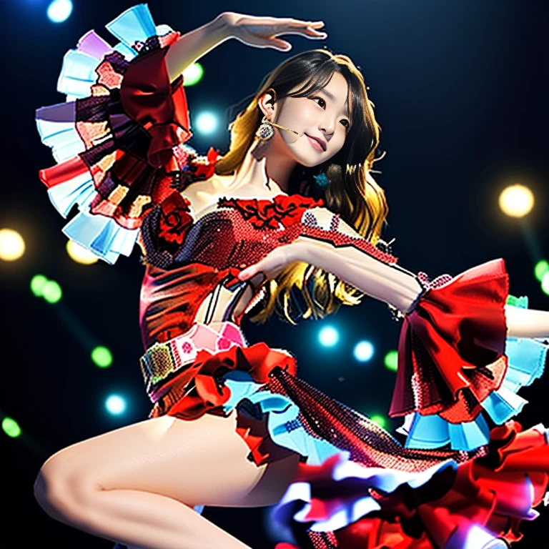 Photo-realistic quality、A 20-year-old Japanese woman in a red dress is dancing on stage, Japanese Idol, looking at the camera、Detailed and beautiful eyes、Cute smile、A soft and gentle look