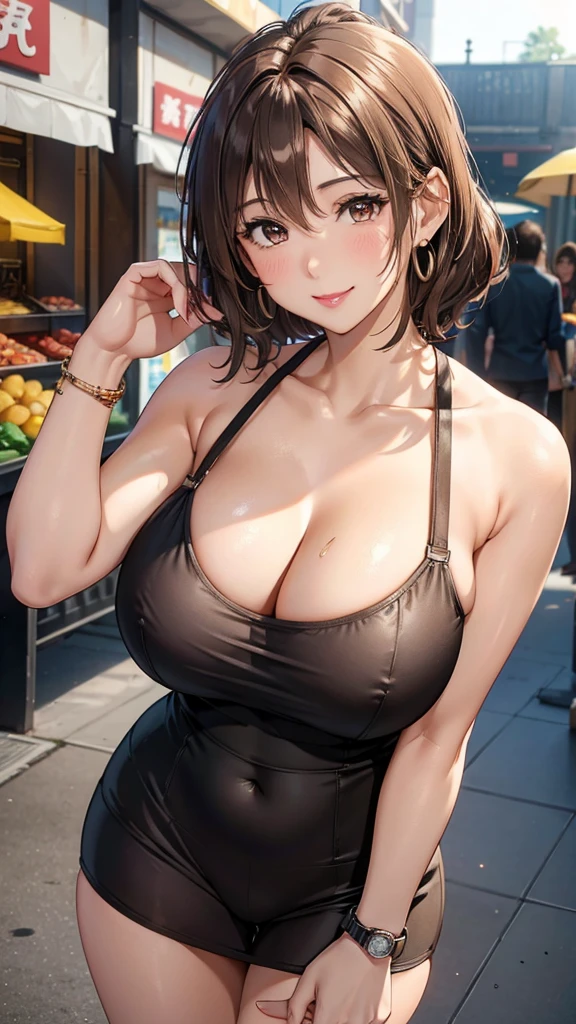 Female 26 years old，housewife，Sunlight，Smile，put on lipstick，Light brown curly short hair，A ponytail on the left，Slightly plump，huge firm breasts，market shopping，Wearing a watch on the right hand，half moon earrings，