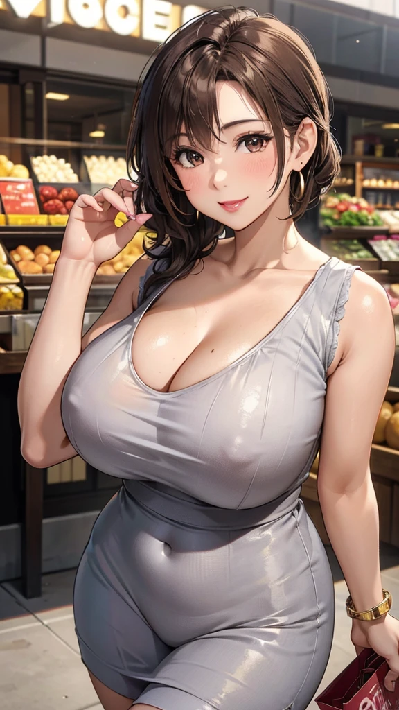 Female 26 years old，housewife，Sunlight，Smile，put on lipstick，Light brown curly short hair，A ponytail on the left，Slightly plump，huge firm breasts，market shopping，Wearing a watch on the right hand，half moon earrings，