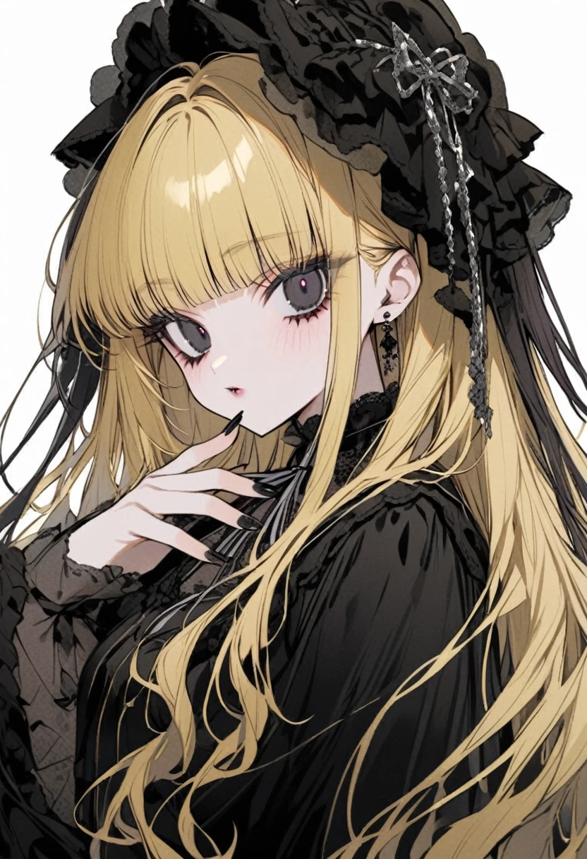 Golden Hair、Black mesh hair、Long Hair、black eye、Wearing large colored contact lenses、Neat bangs、Black Lolita Clothing、Large silver ribbon、girl、Black nails、White background