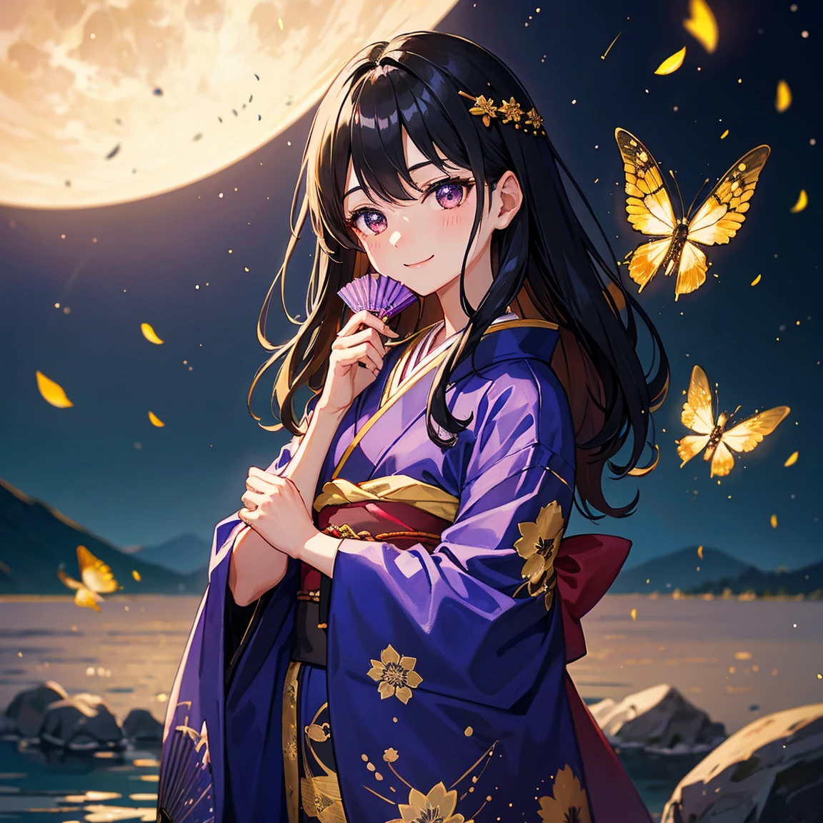 black hair、golden eye、beautiful、juvenile、fireflies fly around、Black and purple firefly and moon pattern wearing kimono、Holding a folding fan、male、smiling、Near the river